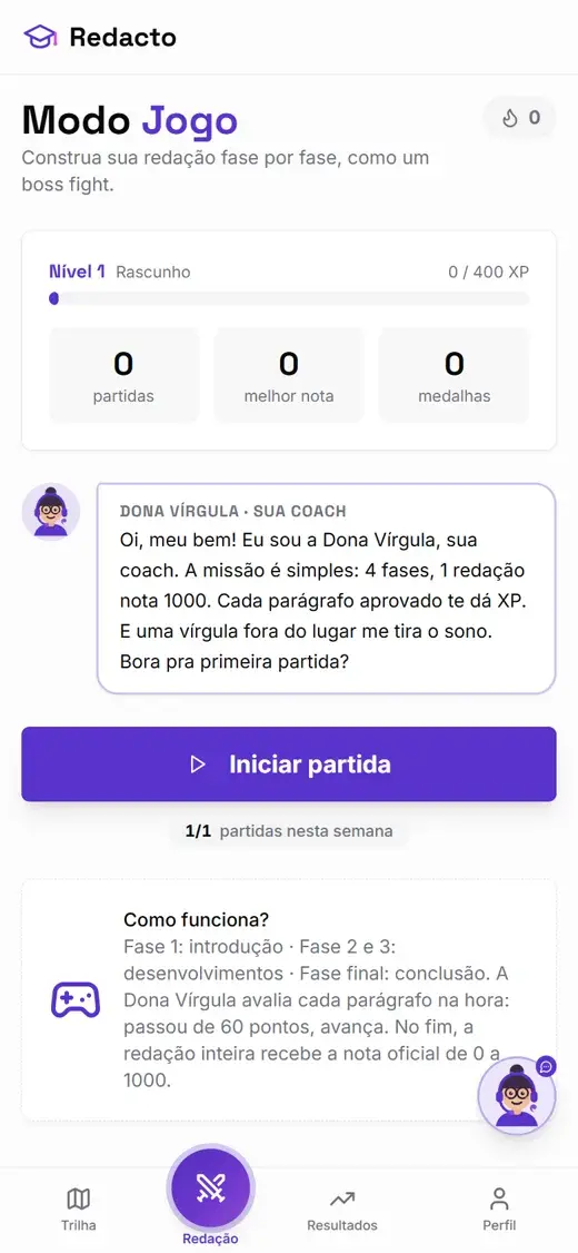 Tela da partida de redação em 4 fases