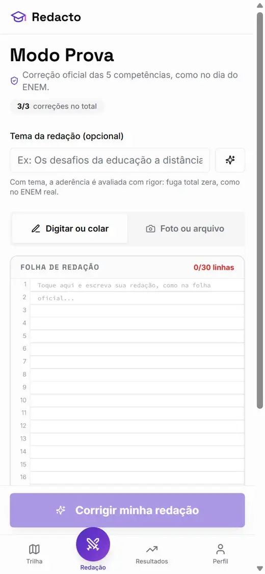 Modo Prova com a folha oficial de 30 linhas